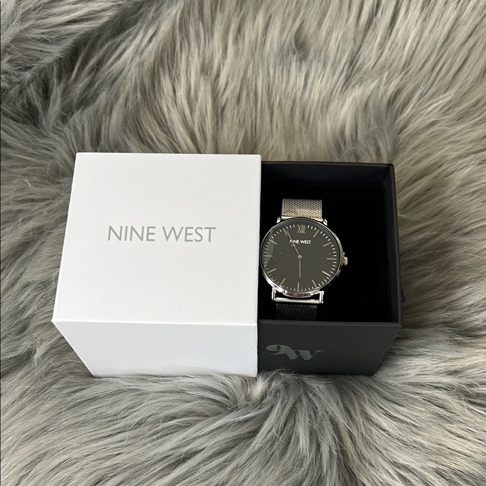 NEW Nine West Asher Men Unisex Watch Stainless Mesh Band Black Face Silver Band